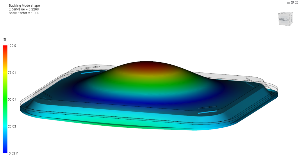 The Buckling mode shape shows the Eigenvalue and the shape factor.If the lowest positive Eigenvalue is less than 1, the part will buckle.