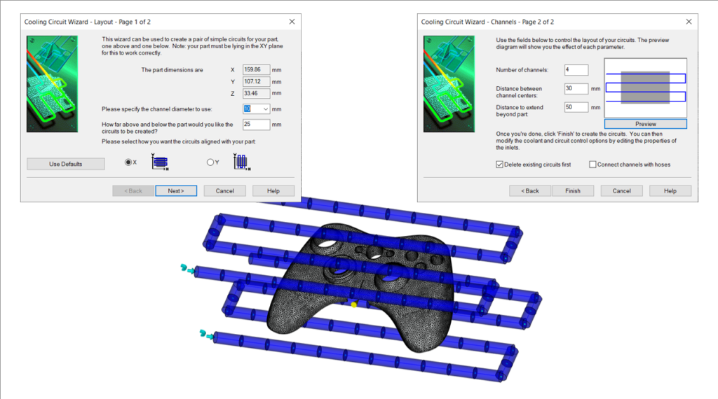 There are two open windows showing. The first one shows the cooling circuit wizard layout meanwhile the other shows the channels.