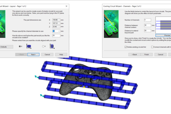 There are two open windows showing. The first one shows the cooling circuit wizard layout meanwhile the other shows the channels.