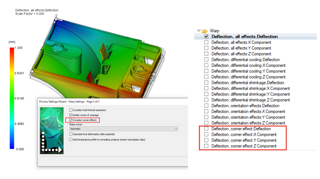 For the component you can select the deformation settings and click on "Consider corner effects", which will show you Deflaction with different effect options.