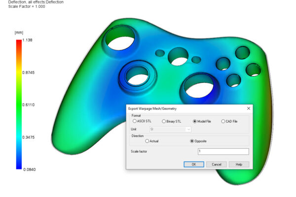 A component is shown with an open window that shows the Export warp mesh/geometry