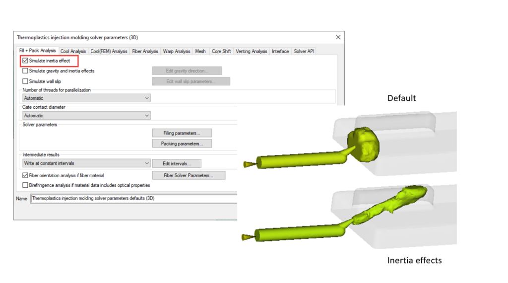 It is shown the thermoplastics injection molding solver parameters where you can choose the fill and pack analysis and click for example simulate inertia effect