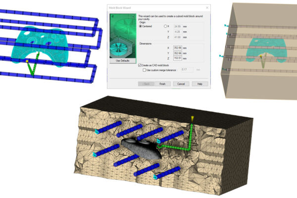 An open window shows the mold block wizard where you can choose between centered and dimensions.