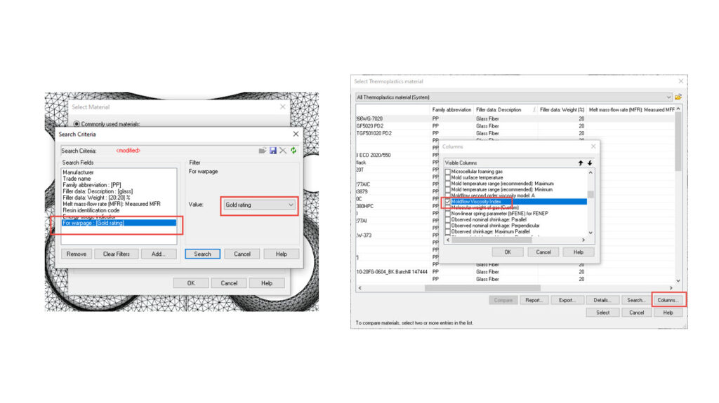 There are two open windows. In the first window you can select the search criteria for a replacement product, while in the second window you can select the visible columns.