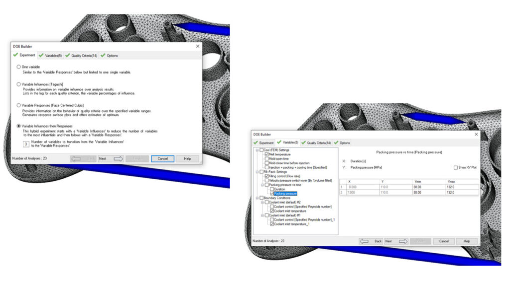 There are two open windows. One window shows the selection of experiments you can choose from the DOE Builder whereas the other shows the variables of the DOE Builder.