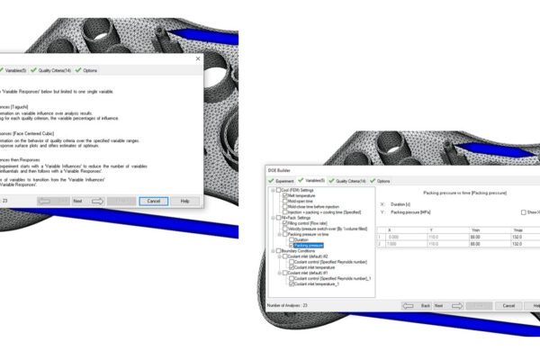 There are two open windows. One window shows the selection of experiments you can choose from the DOE Builder whereas the other shows the variables of the DOE Builder.