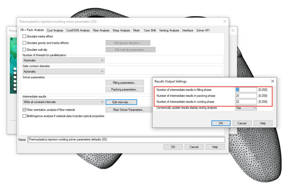 You can see an open window with the thermoplastics injection molding solver parameters defaults.