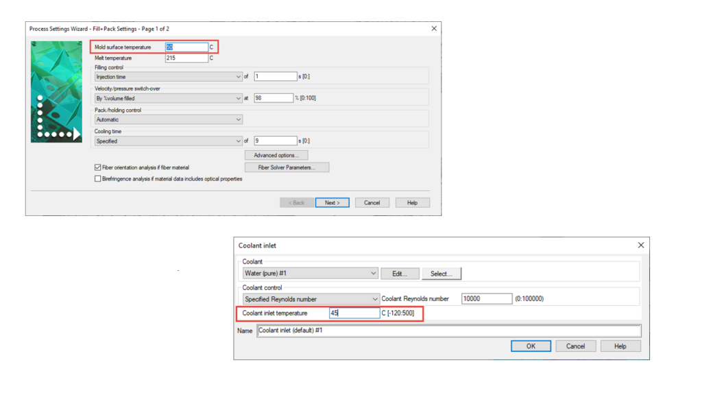 You can see two open windows. One is showing the Fill+Pack settings page 1 of 2 and the other shows the coolant Inlet temperature.