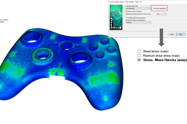 Das Bauteil XBOX Controller wird im Rahmen einer Spritzgusssimulations Dienstleistung von der Plastics Engineering Group by MFS berechnet. Es wird ein Bauteil angezeigt, in dem Sie die Warp-Einstellungen wählen können.