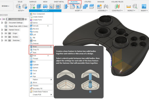 In the Design menu you can click at "plastic" and choose the tools "boss, snap fit and rest" to help you design plastic parts.