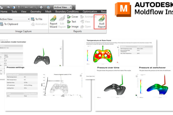 The open window shows the audi report tool which shows the overview calculation model controller, the process settings, pressure over time, pressure at switchover and temperature at flow front.