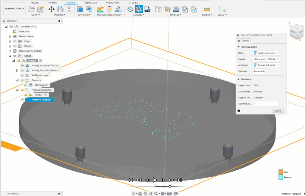 You can see the manufacture space showing the additive tool path settings.