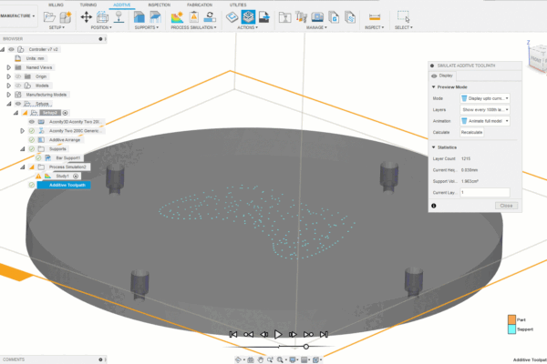 You can see the manufacture space showing the additive tool path settings.