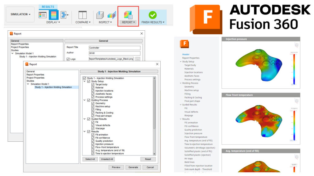 You can see the window showing the general report feature and the injection molding simulation report feature.