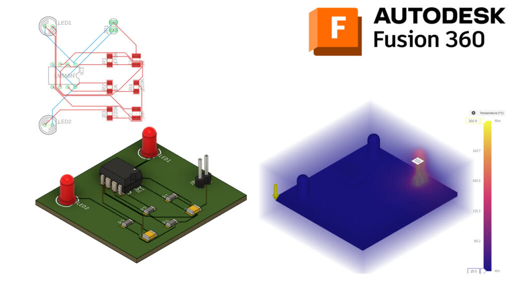 The image shows a printed circuit board within Fusion 360, a software extension sold by MFS - Moldflow & Fusion 360 Experts
